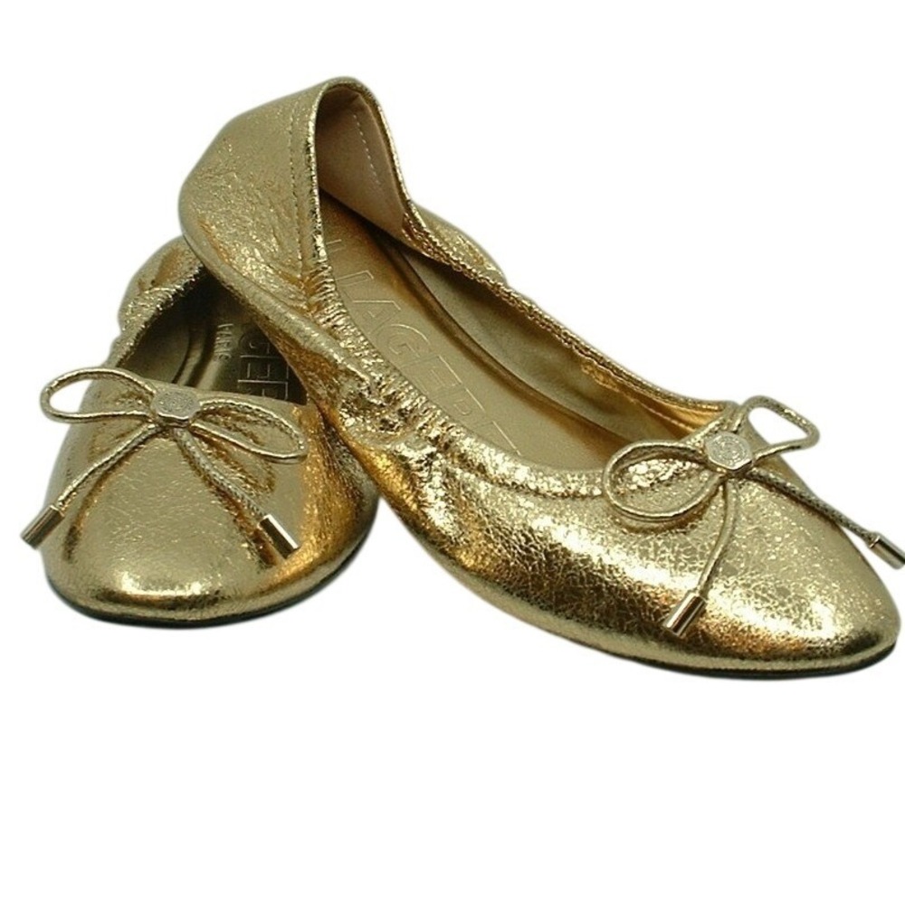Karl Lagerfeld Paris Velma Metallic Gold Bow Ballet Flats Womens 6.5M Balletcore